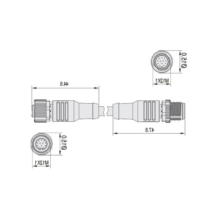 M12 12Pin、母头直型转公头直型、双端预铸PUR柔性电缆、带屏蔽、黑色护套、64DA15-XXX